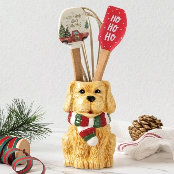Cook With Color Christmas DOG Silicone Utensil Set Ceramic Holder Christmas NEW - Picture 6 of 6